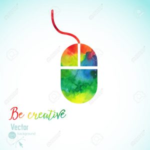 Creativity concept with colorful mouse. Artist at work. Symbol of visual art. Vector illustration. Watercolor silhouette of mouse. Creativity concept with colorful pen. Computer mouse painting.